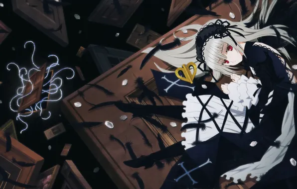 Cross, doll, feathers, door, red eyes, rozen maiden, suigintou, long hair
