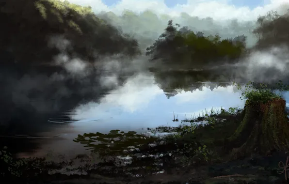 Trees, fog, lake, pond, stump, plants, morning, art