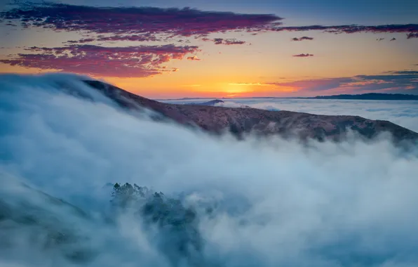 Picture the sky, clouds, sunset, mountains, fog