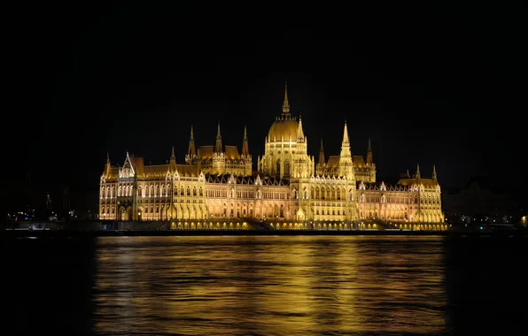 Water, night, lights, reflection, river, capital, Hungary, Budapest