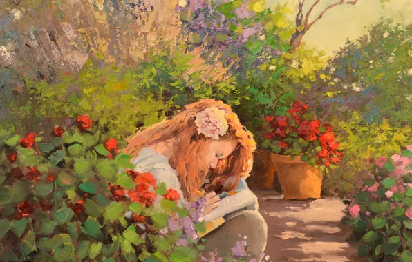 Girl, flowers, nature, art, book, profile, painting, writes