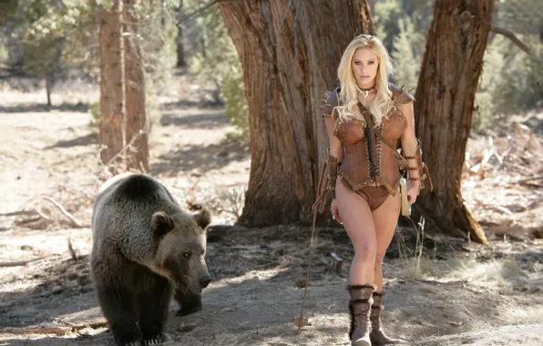 Forest, girl, bear, Archer, blonde, hunter