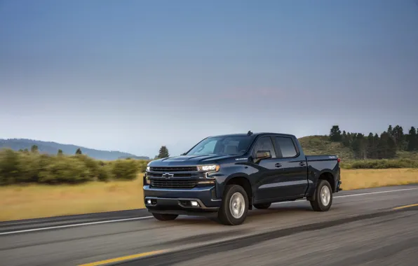 Road, asphalt, Chevrolet, pickup, Silverado, dark blue, 2019, RST