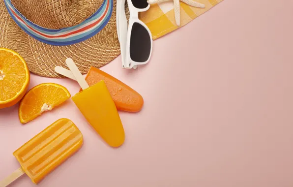 Summer, oranges, hat, ice cream, pink background, dessert, orange, slices