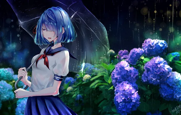 Girl, flowers, umbrella, rain, umbrella