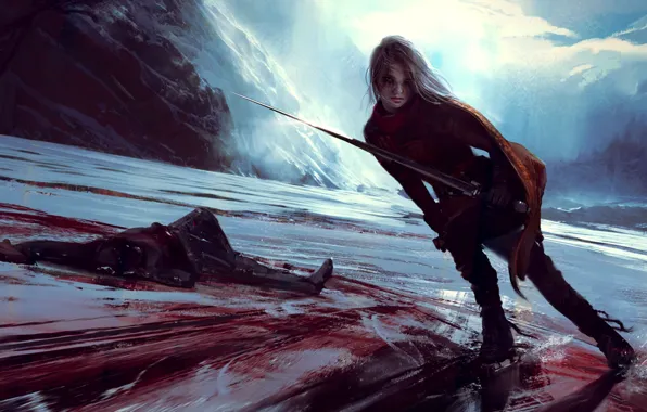 Picture ice, girl, mountains, rocks, blood, sword, skates