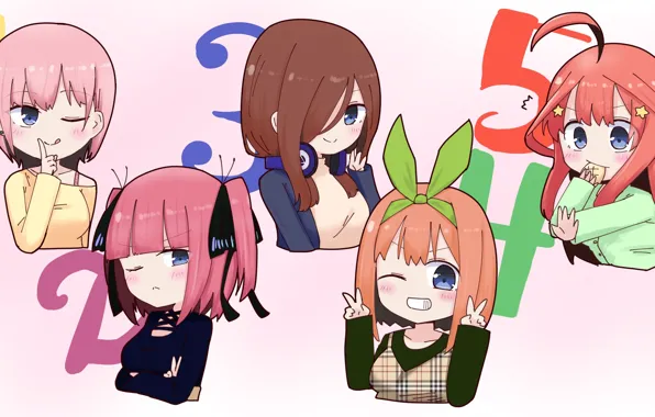 Go-toubun no hanayome, nakano nino, nakano miku, kujou karasuma, nakano ichika, nakano itsuki, nakano yotsuba