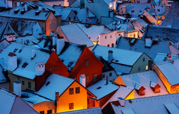 Winter, light, snow, the city, home, the evening, morning, roof