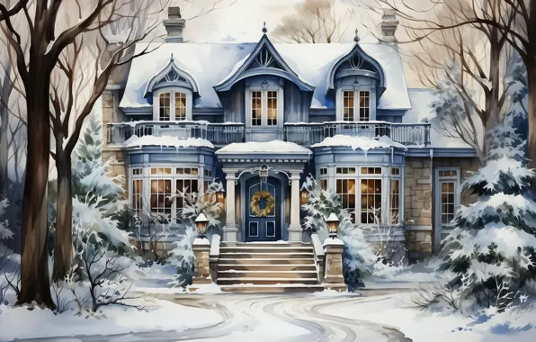 Winter, snow, house, castle, Christmas, New year, mansion, AI art