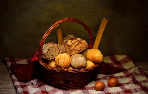 The dark background, table, eggs, towel, bread, still life, bread, basket