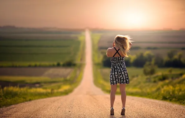 Road, hair, dress, space, bokeh
