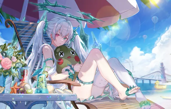 Beach, summer, girl, flowers, toy, Luna, Punishing: Gray Raven, KANOSE