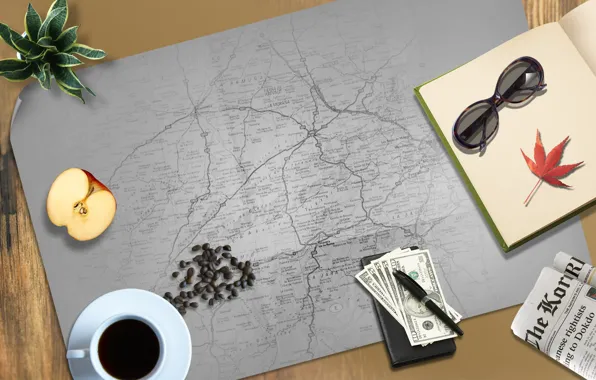Picture things, Desk, coffee, map