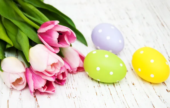 Flowers, eggs, spring, colorful, Easter, tulips, wood, pink