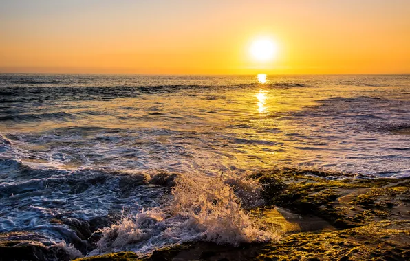 Wave, beach, the sky, the sun, landscape, sunset, nature, stones