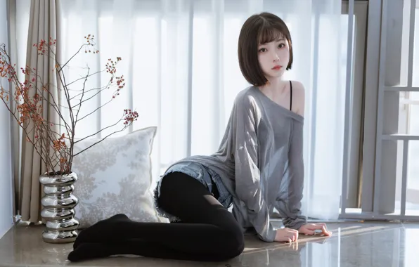 Asian, model, women, pantyhose, torn jeans, jean shorts, grey tops, women indoors