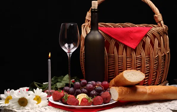 Picture flowers, berries, basket, bottle, chamomile, strawberry, bread, grapes