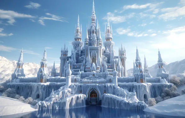 Winter, frost, clouds, snow, trees, mountains, castle, rocks