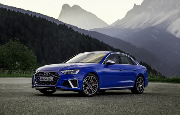 Blue, Audi, sedan, Audi A4, Audi S4, 2019, the silhouettes of the mountains