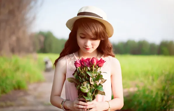 Picture summer, girl, roses, Asian