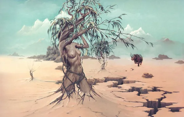 Tree, woman, Rhino, Surrealism, John Pitre
