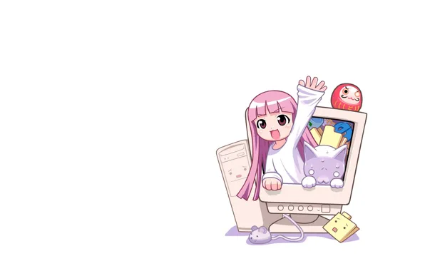 Computer, girl, white background, pink hair, greeting, white cat, hands up, the computer mouse