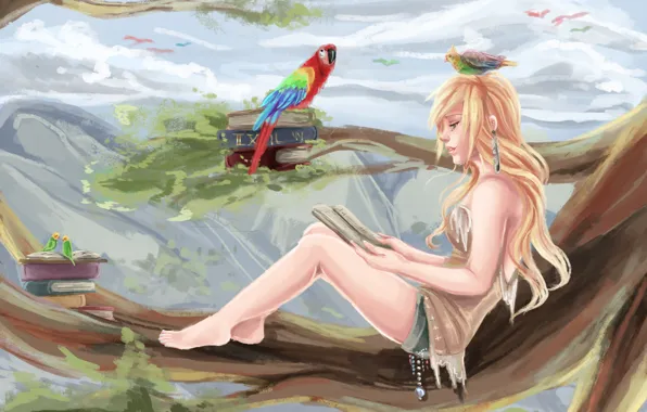 Picture girl, birds, tree, foliage, books, branch, parrot