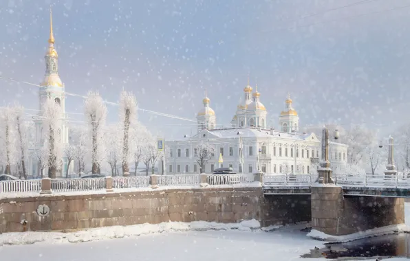 Picture winter, snow, bridge, river, Saint Petersburg, temple, Russia, the bell tower