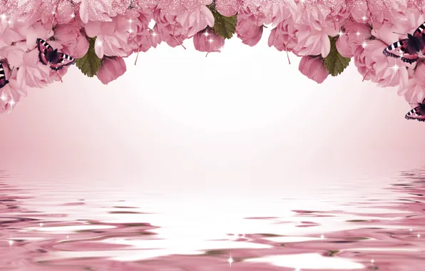Butterfly, flowers, background, Sakura, sparks
