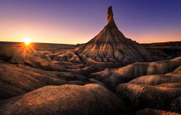 The sun, sunset, mountains, stones, rocks, dawn, desert, relief