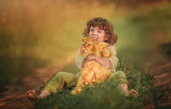 Picture cat, boy, red, friends, curls, Ksenia Lysenkova