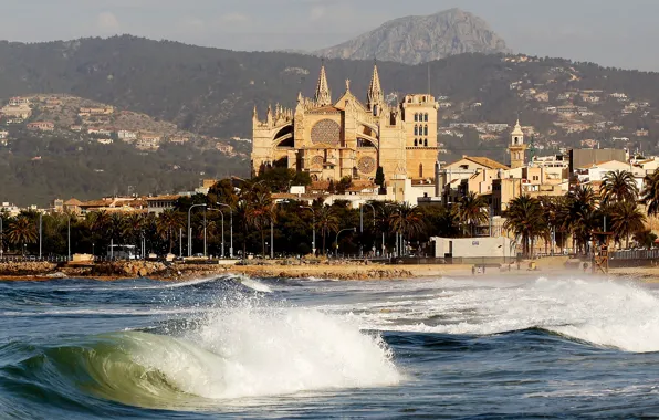 Picture sea, mountains, home, Palma, Cathedral, Spain, Balearic Islands, Palma de Malorca