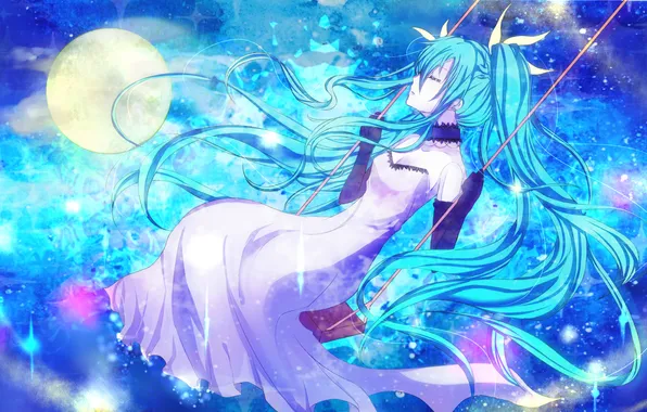 Picture girl, swing, the moon, Shine, dress, vocaloid, long hair, Vocaloid