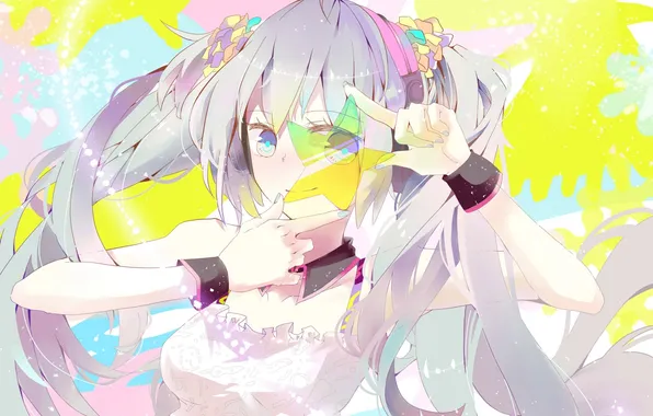 Picture girl, smile, headphones, art, vocaloid, hatsune miku, Vocaloid, asterisk