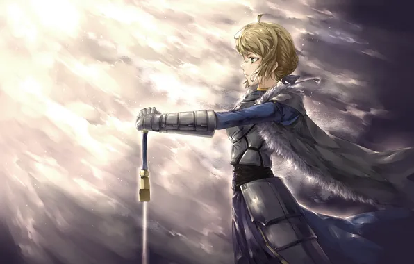 Girl, weapons, armor, profile, saber, art, fate/stay night, vlan