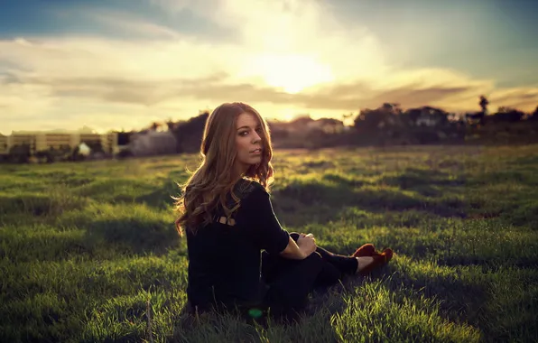 Picture field, girl, sunset, mood