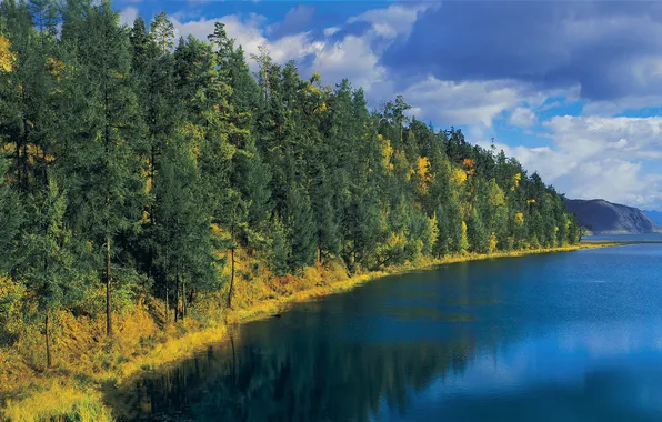 Autumn, forest, the sky, clouds, trees, landscape, mountains, lake
