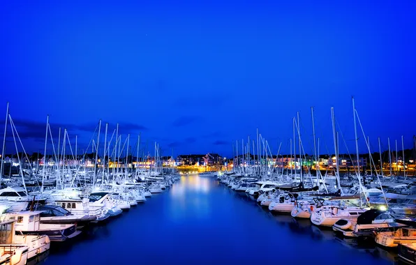 Sea, the sky, night, the city, lights, yachts, boats, harbour