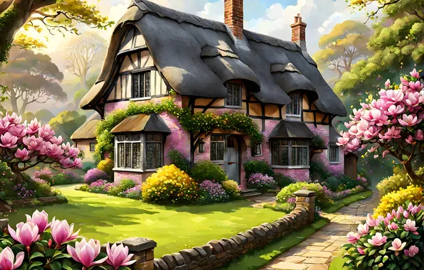Flowers, house, garden, track, mansion, imitation painting, AI art, neural network