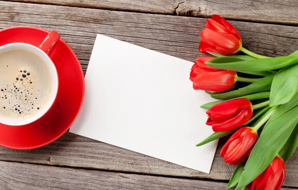Love, flowers, coffee, bouquet, Cup, hearts, tulips, red