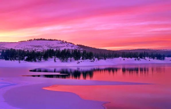 Winter, the sky, clouds, snow, trees, mountains, lake