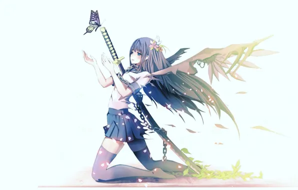 Butterfly, wings, katana, stockings, chain, white background, Schoolgirl, sitting