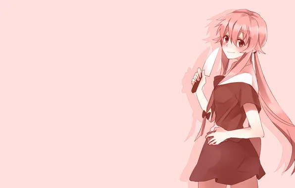 Long hair, anime, knife, Mirai Nikki, smiling, anime girls, Gasai Yuno, simple background