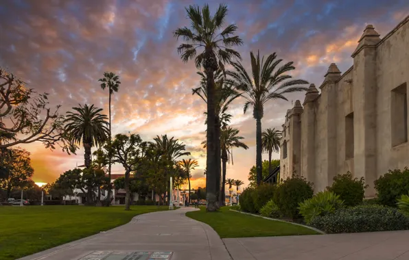 The city, palm trees, track, the evening, CA, Church, USA, San Gabriel