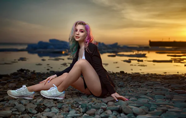Water, girl, sunset, nature, pose, stones, makeup, jacket