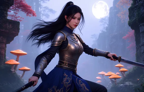 Forest, girl, mushrooms, sword, Chinese, armor, Asian, fantasy