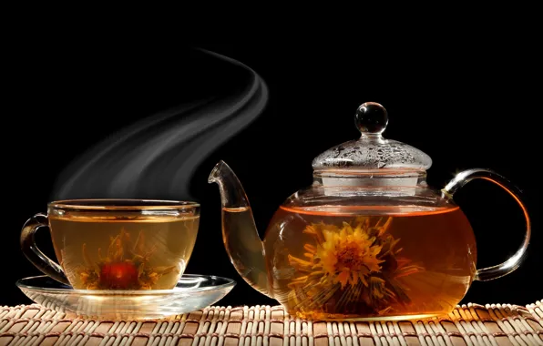 Picture flower, tea, kettle, Cup, black background, saucer