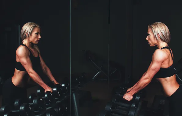 Picture girl, reflection, mirror, blonde, dumbbells
