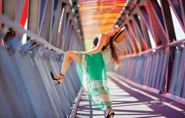 Girl, bridge, pose, smile, mood, skirt, hat, legs