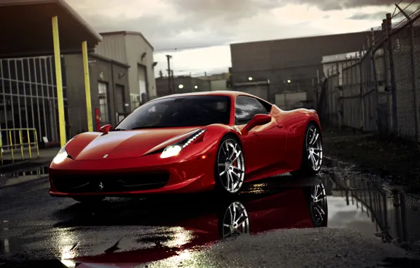 Reflection, puddles, red, supercar, Ferrari, ferrari 458 italia